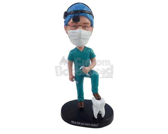 Custom Bobblehead Cool dentist steping on a big dental mold wering scrubs with dental tools - Careers & Professionals Dentists Personalized Bobblehead & Action Figure Custom Bobblehead Cool dentist steping on a big dental mold wering scrubs with dental tools - Careers & Professionals Dentists Personalized Bobblehead & Action Figure